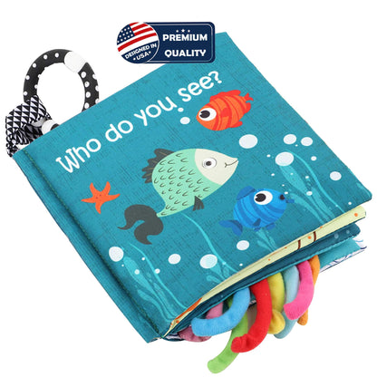 Fish Baby Books Toys, Touch Feel Cloth Crinkle Books for Babies,Baby Infant Toys 0-6, 6-12, 12-18 Months,Early Learning Education Toys,Shower Baby Gifts for Boys Girls,Teething,Mirror,Shark Ocean Book