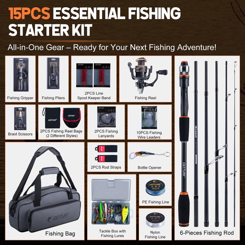 Goture Fishing Pole and Reel Combo, Portable Fishing Rod and Reel,Compact Fishing Gear for Travel, Lure Fishing Rod Combo Carbon Fiber 6-Piece Rod with Reel Lines Lures Tools and Storage Bag
