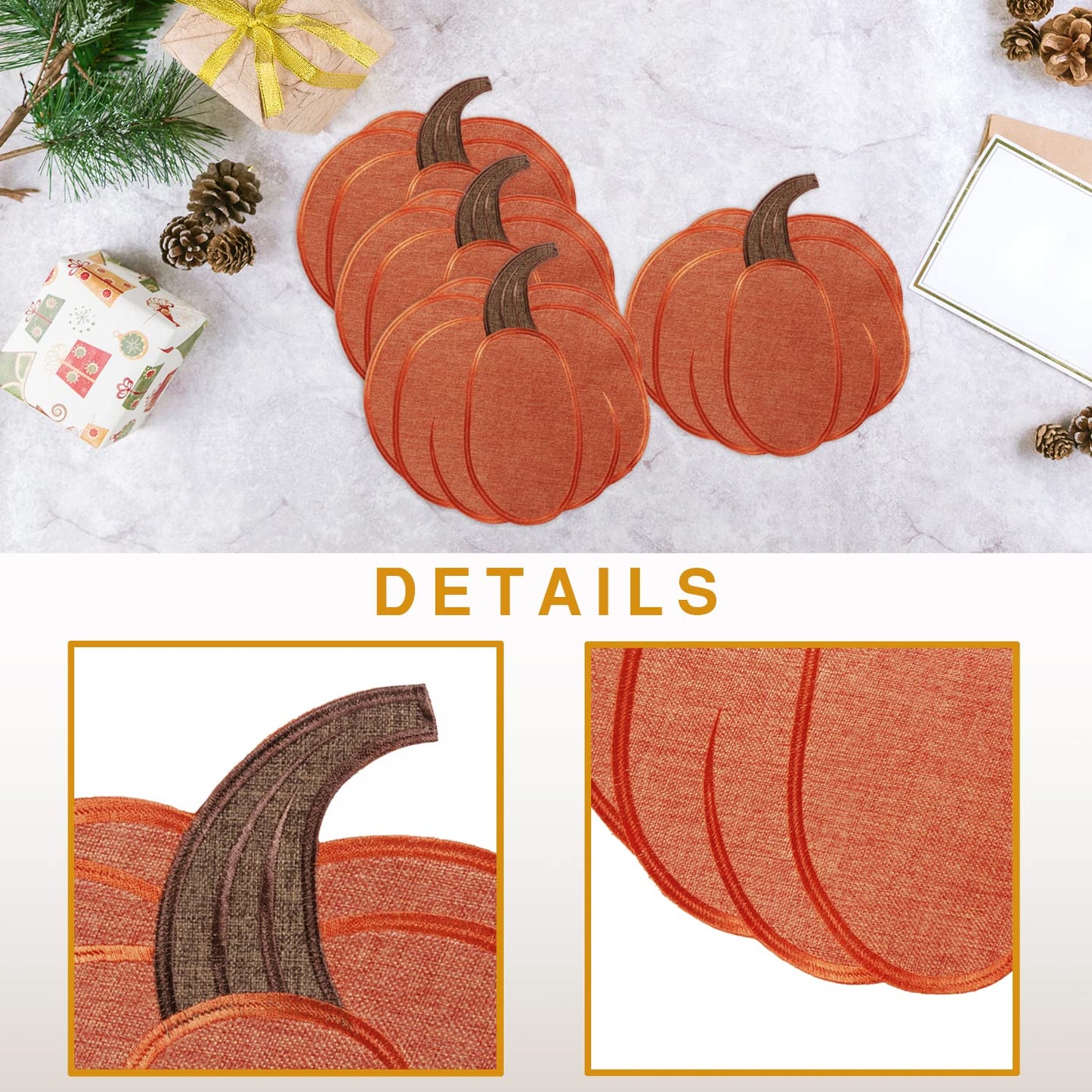 OWENIE Thanksgiving Harvest Pumpkin Placemats 15 x 15 Inch, Set of 4, Embroidered Diecut Place mats, Fall Autumn Home Decorations, Orange Table Mats for Halloween Kitchen Dinning Room, 15 Inch Round