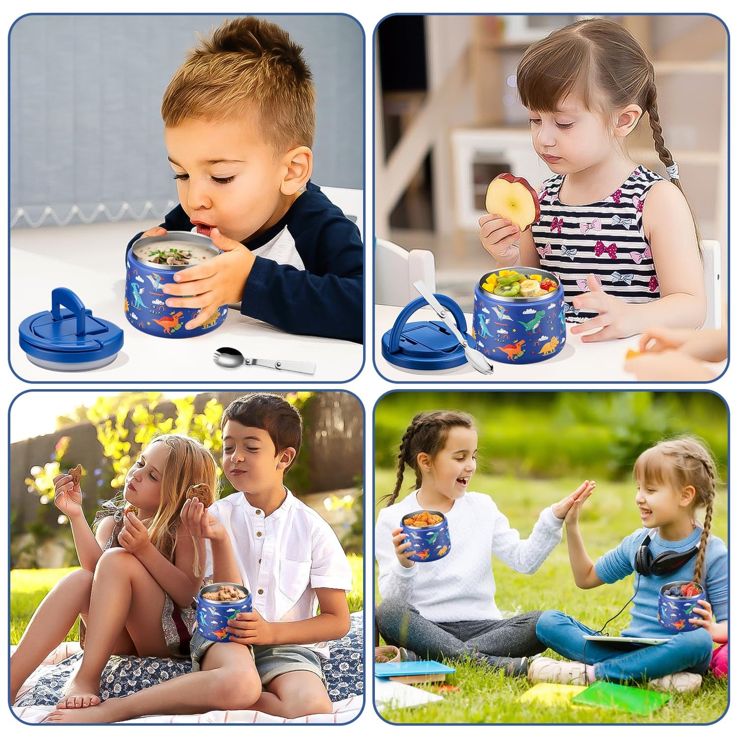 14oz Insulated Vacuum Food Jar with Buckle Lid,Soup Thermo for Hot Food Kids,Wide Mouth Leakproof Stainless Steel Lunch Container with Spoon-Dinosaur