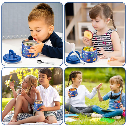 14oz Insulated Vacuum Food Jar with Buckle Lid,Soup Thermo for Hot Food Kids,Wide Mouth Leakproof Stainless Steel Lunch Container with Spoon-Dinosaur