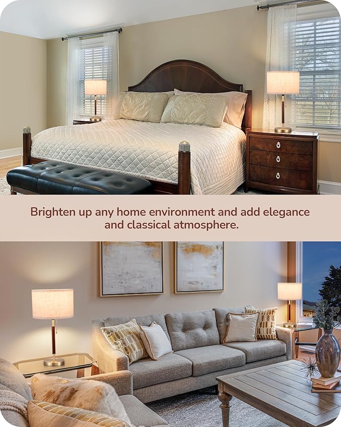 EDISHINE Mid Century Table Lamp Set of 2, Pull Chain Switch Bedside Lamp, Linen Shade, Solid Wood Pole & Bronze Brushed Metal Base, Modern Nightstand Lamp for Bedroom, Living Room, Office, E26 Base
