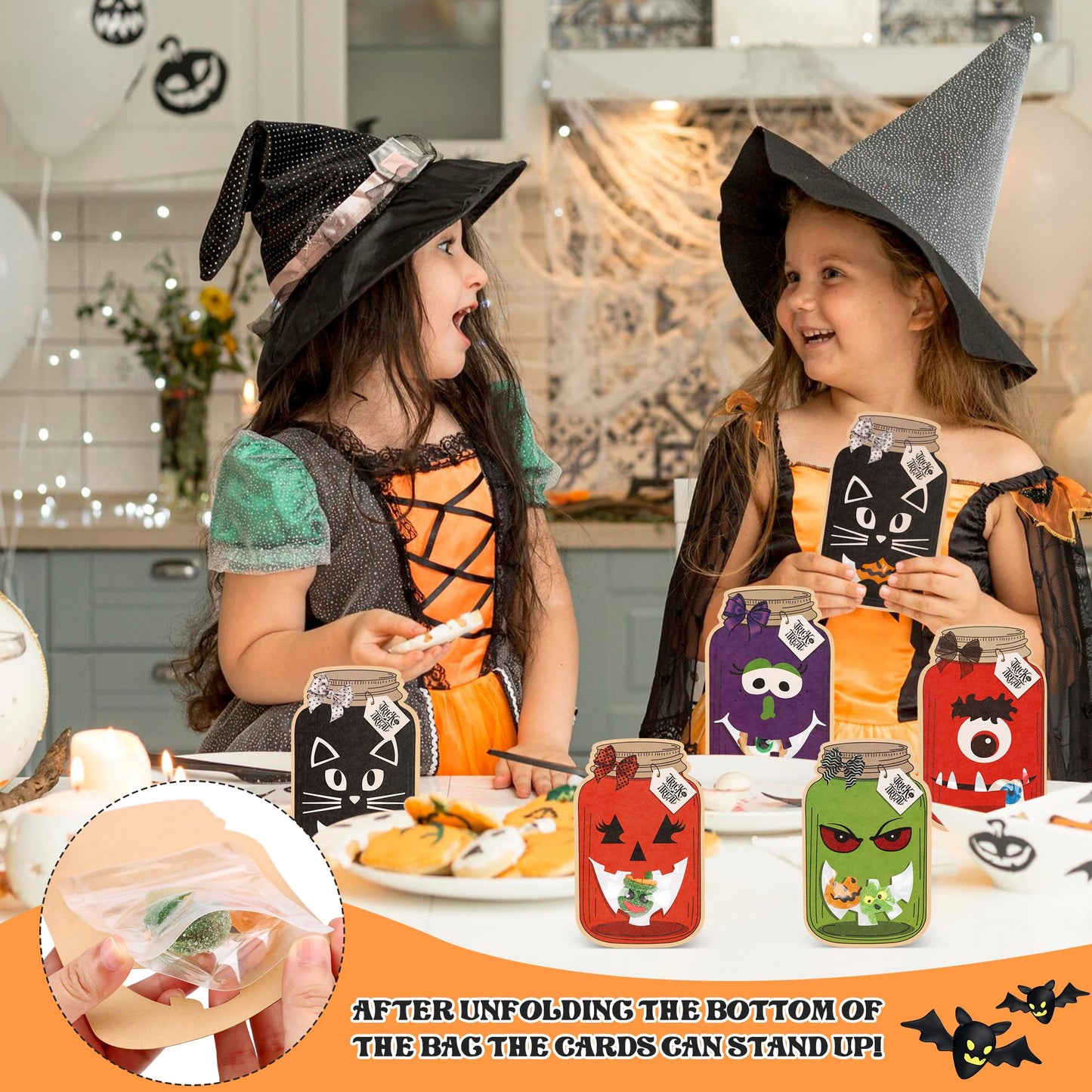 Giiffu 50-Pack Halloween Mason Jar Cards with 50 Clear Treat Bags – DIY Trick-or-Treat Goodie Bags for Kids, Classroom Halloween Party Favors & Gift Exchange
