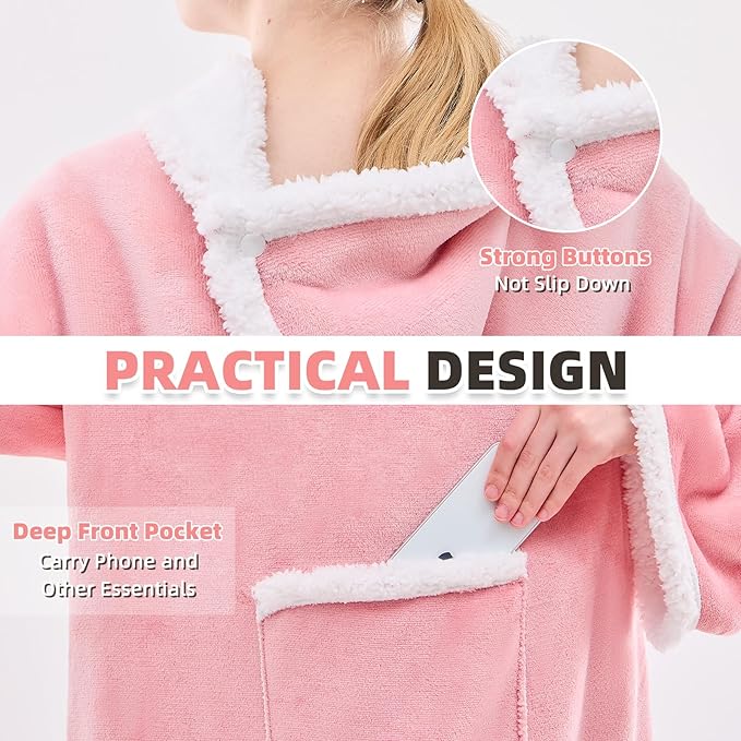 IFNOW Sherpa Wearable Blanket with Sleeves for Women Men Adults, Cozy Wearable Blanket with Arm and Pocket, Warm Full Body TV Wrap Throw Blanket, Soft Robe Blanket as Gifts for Mom Wife, Pink