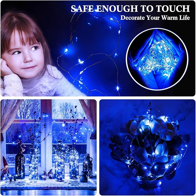 Hortsun 100 Packs Fairy Lights Battery Operated 3 Speed Modes, 7 Ft/ 2 M 20 LED Battery String Mini Waterproof Wire Twinkle Lights Bulk for Wedding Party Birthday Vases (Blue Light)
