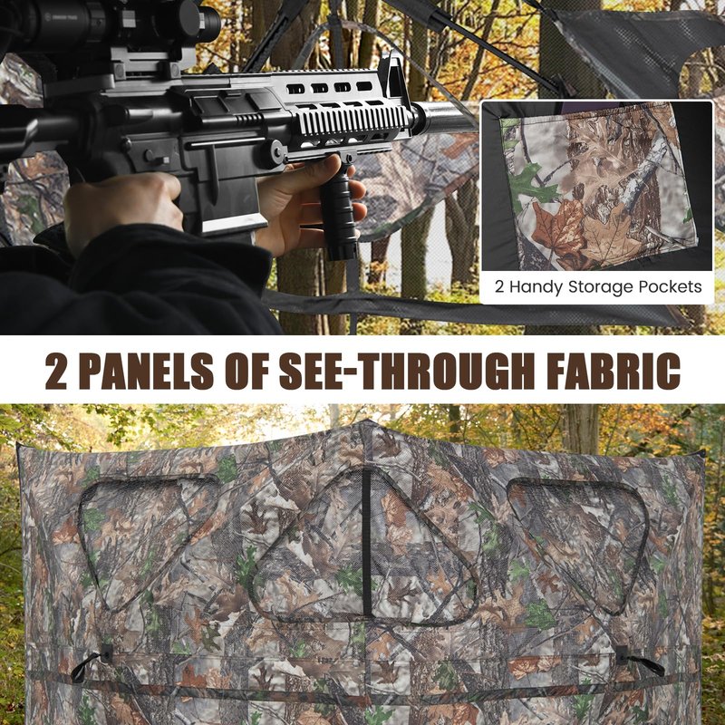 GYMAX Hunting Blind, 2-Panel See Through Pop Up 2-3 Persons Camouflage Deer Blind with Windows & Carrying Bag, Portable Folding Outdoor Ground Blind for Deer Turkey Hunting Gear Accessories