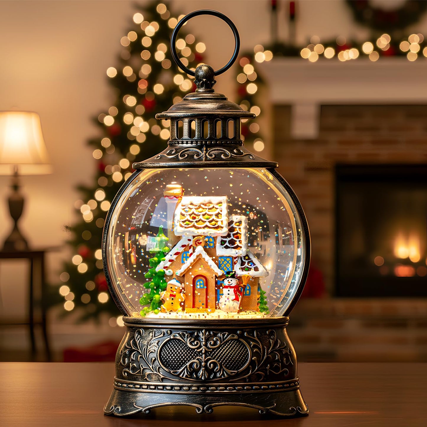 Christmas Snow Globe Lighted Gingerbread House Scene, Musical Snow Water Lantern Swirling Glittering Home Decoration and Gift, Battery Operated or USB Powered
