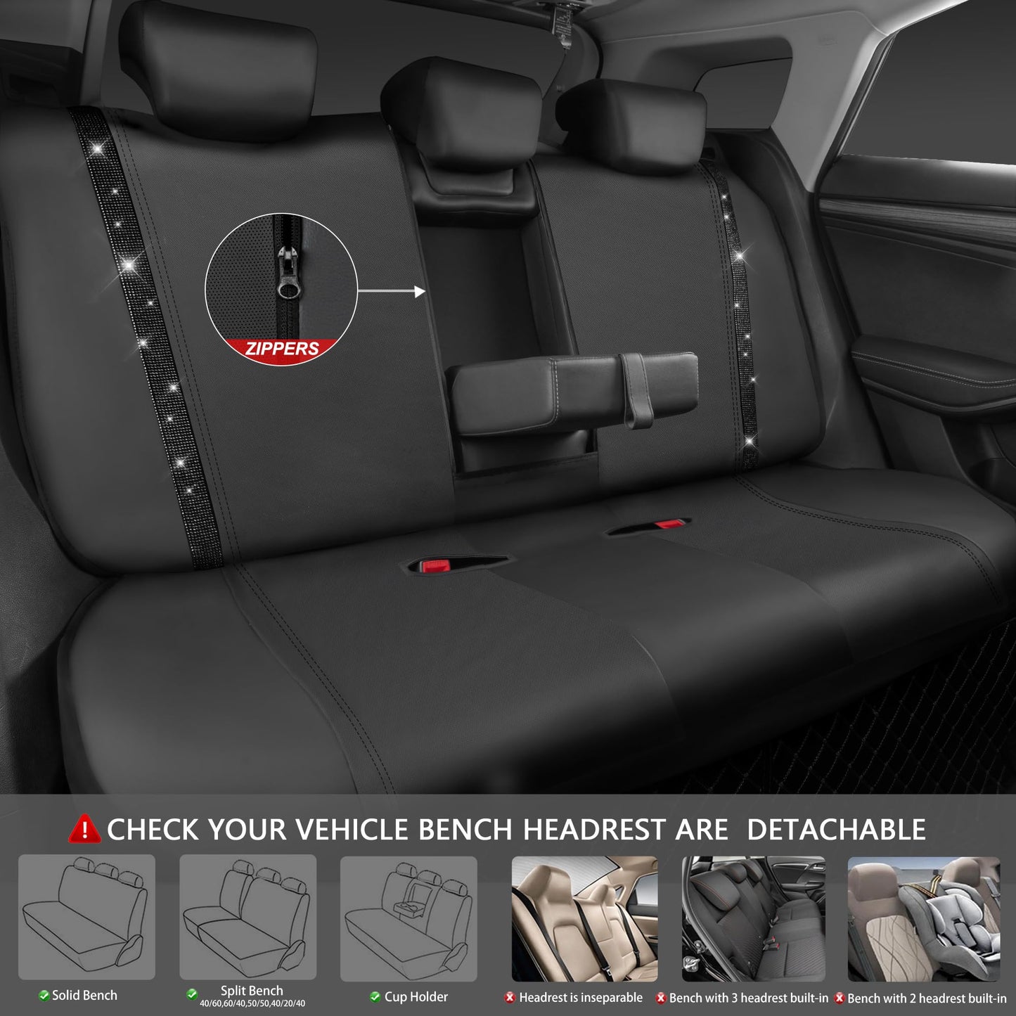 CAR PASS Leather Bling Diamond Car Seat Covers Full Set, Shining Rhinestone Waterproof Durable Rear with Zipper, Universal Fit Automotive Glitter Crystal Sparkle Strip for Cute Women Girly Black