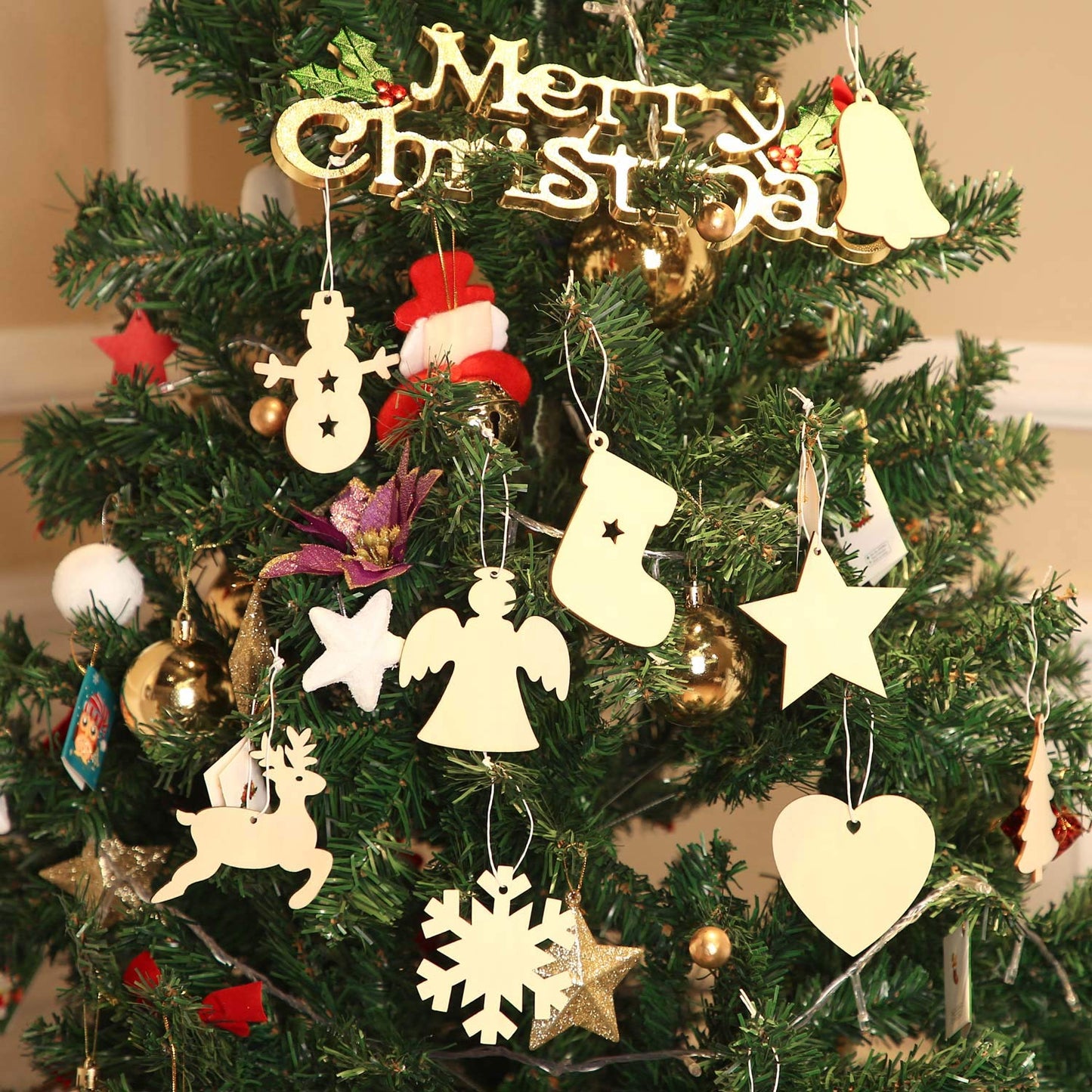 Tatuo 120 Pieces Unfinished Wooden Ornaments Christmas Wood Ornaments Hanging Embellishments Crafts for DIY, Christmas Hanging Decoration in 10 Shapes