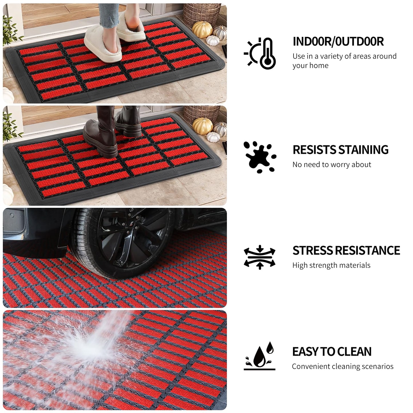 Linoows Heavy Duty Door Mat - DIY Interlocking Design, Dirt Trapper Front Doormat, 27.5x19.7 Inch All-Season Welcome Door Mats Non-Slip for Indoor Outdoor Entrance Home Commercial, Black & Red