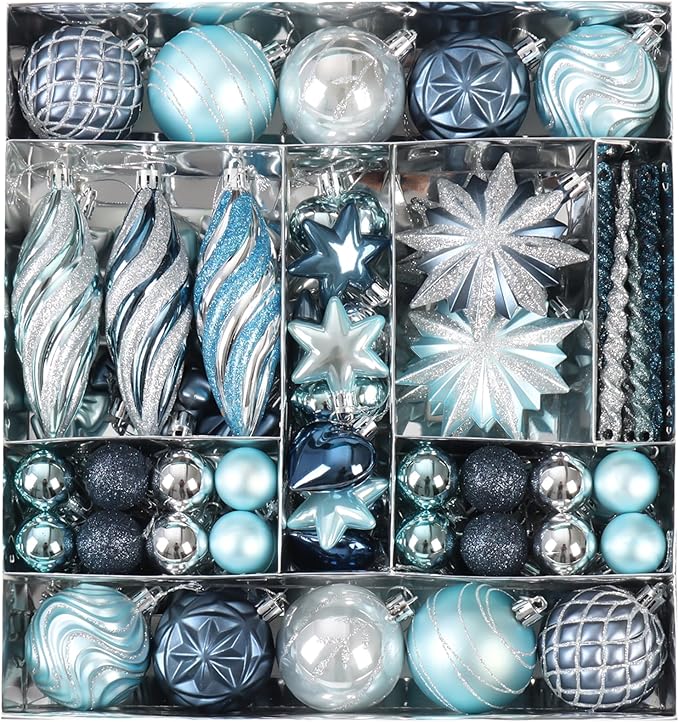 82Pcs Blue and Silver Christmas Ornaments Set,Shatterproof Christmas Decorations for Tree Assorted Plastic Craft Baubles Snowflake Ball Ornaments for Holiday Xmas Party Decor (Blue & Silver)