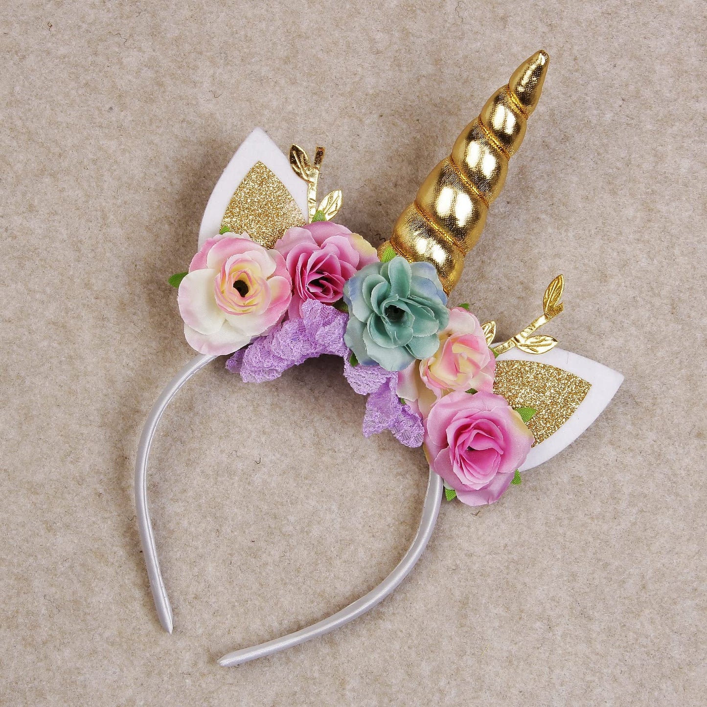 Nishine Unicorn Horn Floral Headband Glitter Ears Pony Head Bands Tiara for Girls Party Birthday Cosplay (Gold&Mint)