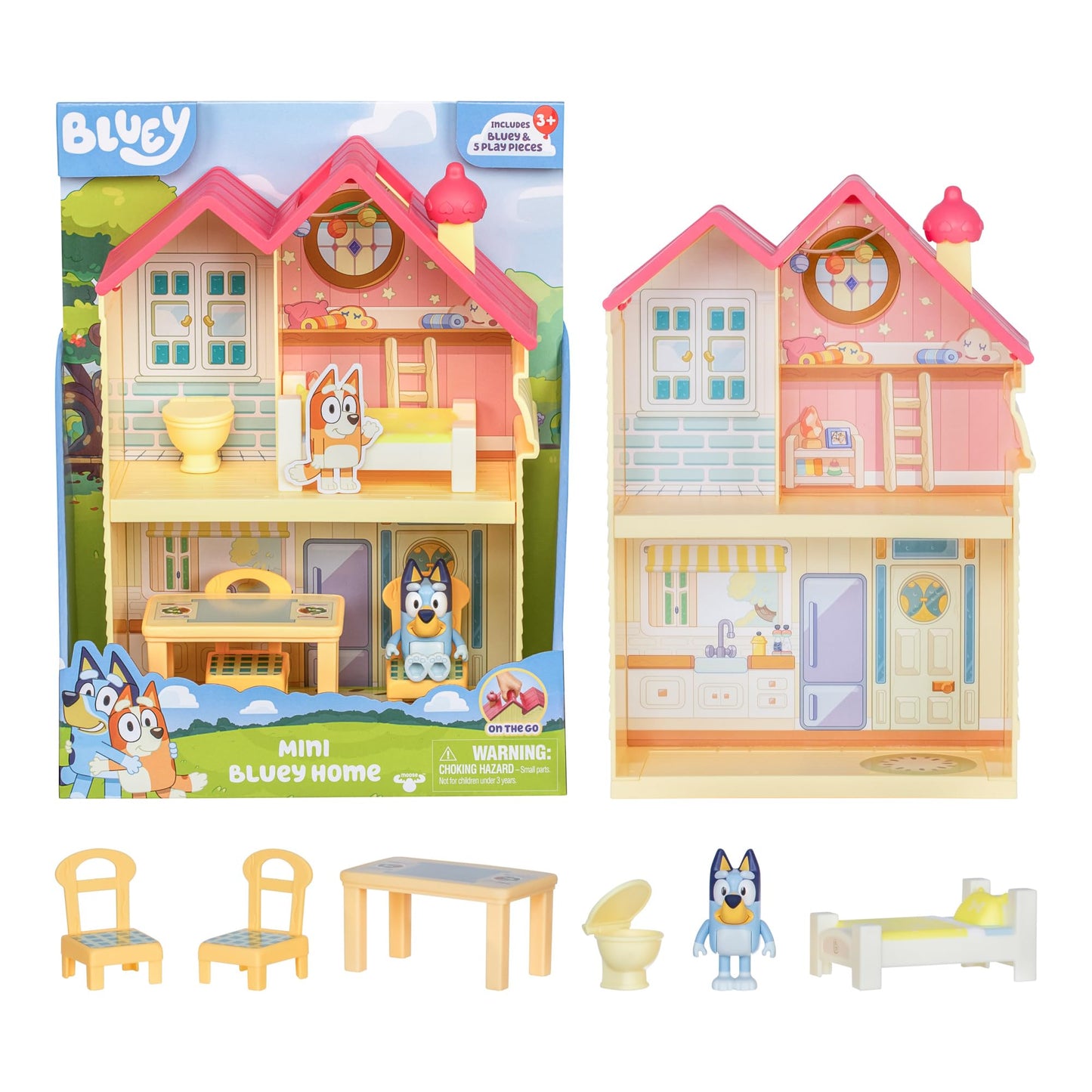 Bluey Mini Home Playset | Compact House Playset with Carry Handle | Three Different Rooms | Kitchen, Bedroom and Bathroom | Includes Figure with 5 Play Pieces