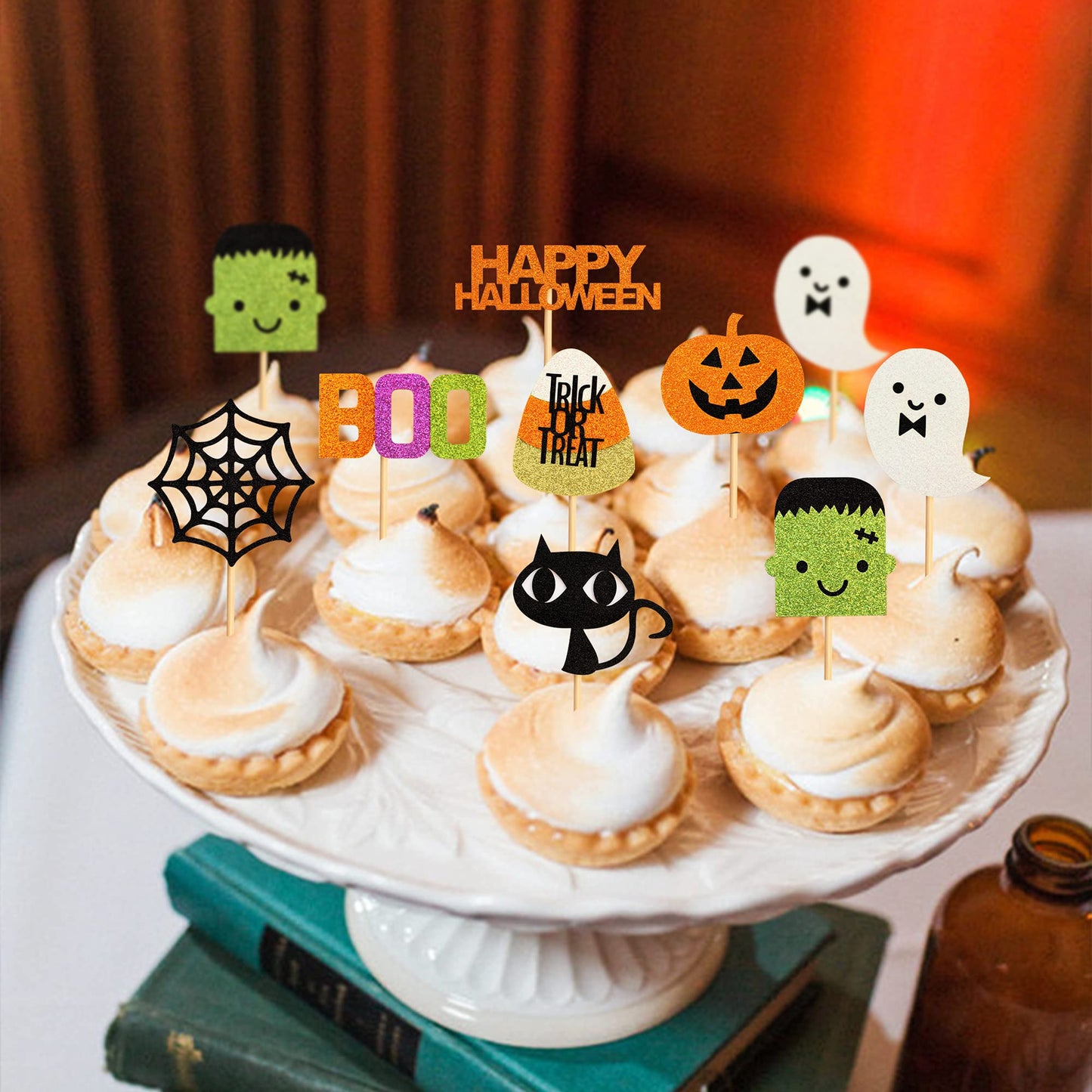 32 pcs Halloween Ghost Boo Glitter Cupcake Toppers Ghost Boo 32 Pack Cupcake Topper muffin for Halloween, Birthday Decoration Party Supply(Frankenstein）