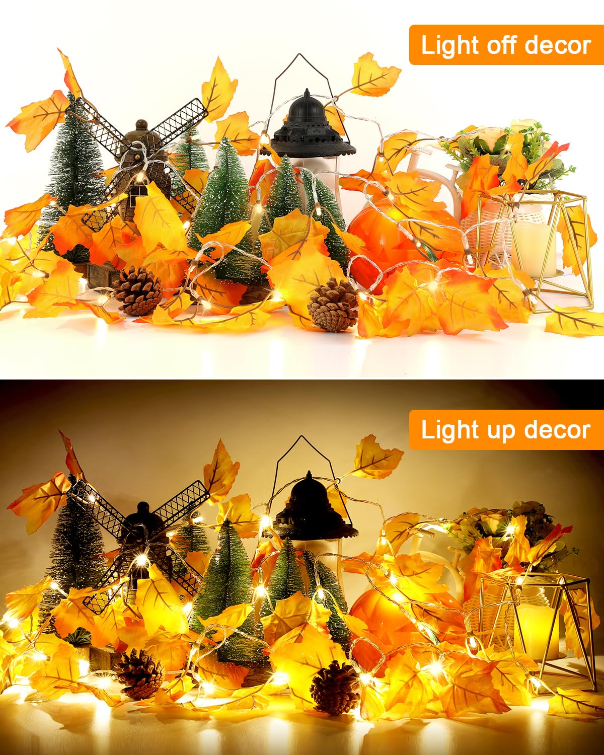 Fall Decor 2 Pack Lighted Fall Garland, Total 16.4ft 40 LED Thanksgiving Decorations Halloween String Lights, Friendsgiving Gift Thanksgiving Decor for Home Holiday Autumn Garland Indoor