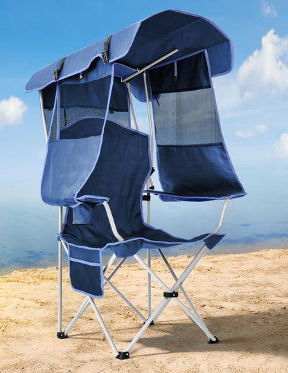 Docusvect Beach Chair with Canopy Shade, Folding Camping Chair with Canopy with Cup Holder, Side Pocket for Camp, Beach, Tailgates, Fishing - Support 330 LBS