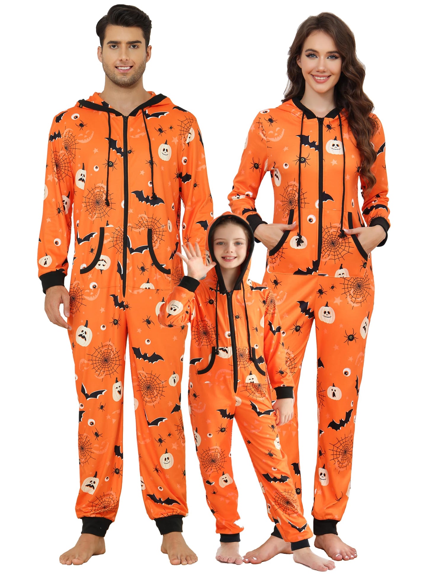 Veseacky Matching Onesies for Couples Zipper Hooded Adult Halloween Onesie Pajamas with Pockets Women Jumpsuit (Orange,XL)