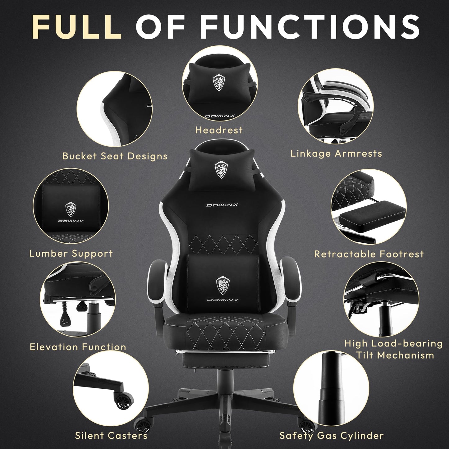 Dowinx Gaming Chair, Breathable Fabric Computer Chair with Pocket Spring Cushion, Ergonomic Massage Gamer chair with Lumbar Support and Footrest, Height Adjustable Office Game chairs for Adults, Black