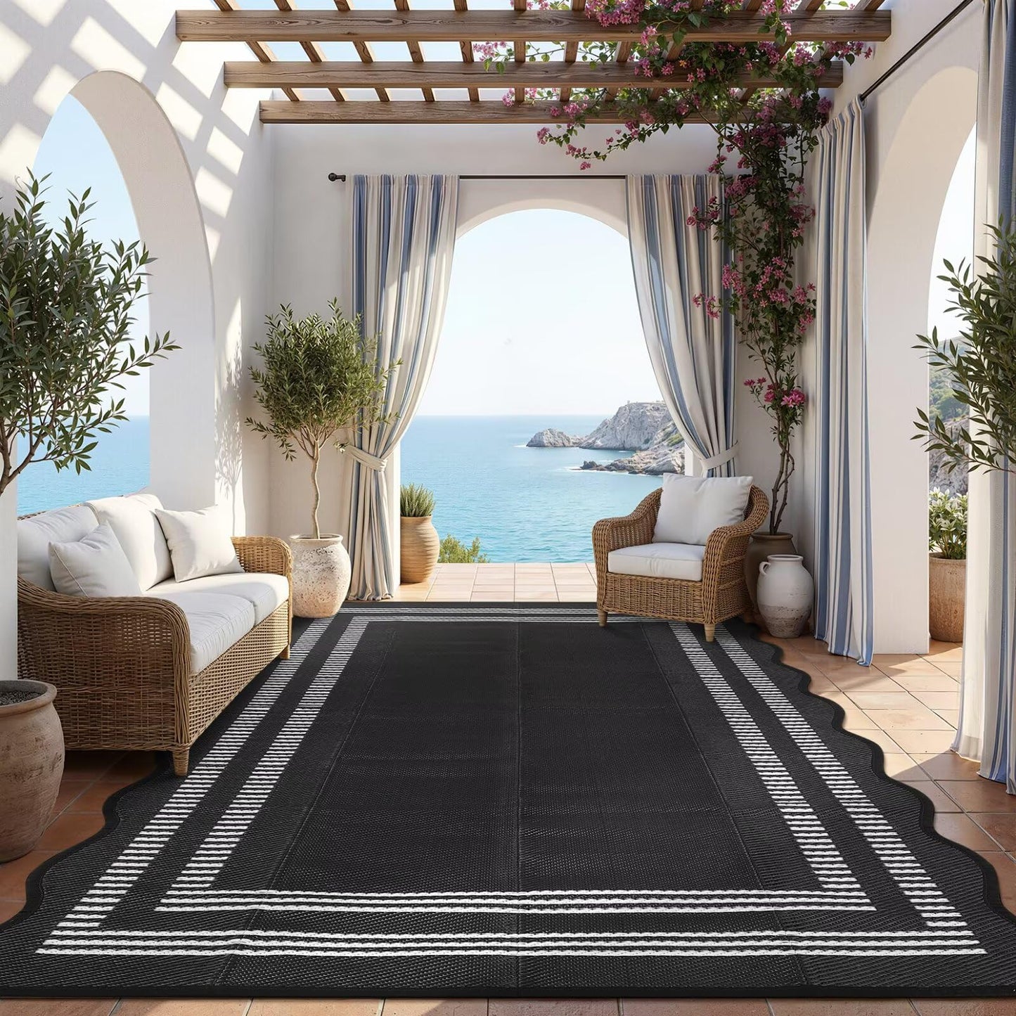 Garvee Waterproof Outdoor Rug 8x10, Scalloped Geometric Foldable Plastic Straw Patio Camping Rug, Outdoor RV Carpet for Deck Camper Porch Balcony Backyard Picnic Beach Black and White