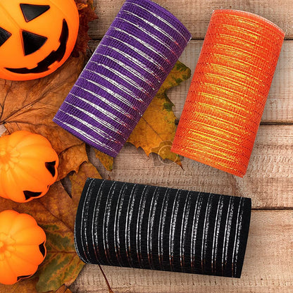 NBHH Halloween Mesh Ribbon Deco Fall Metallic Foil Black Purple Orange Green Border Striped Deco Mesh Wire Ribbon Rolls for DIY Halloween Wreaths Decorations Wrapping Craft, 4 Rolls(6 inch Wide)