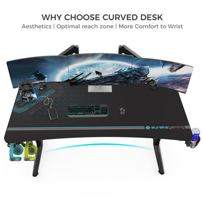 EUREKA ERGONOMIC 60 Inch Gaming Desk with Full Mouse Pad, Large Home Office Curved Computer Desk for 3 Monitors with Cup Holder, Headphone Hook and Handle Rack with USB Charging Ports for Gamer, Black