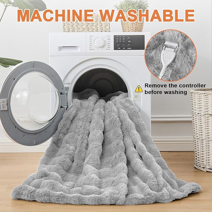Heated Blanket Electric Throw Blanket 50''X 60''-Heating Blanket with 6 Heat Settings-4 Hours Auto Off,Cozy Faux Rabbit Fur Bubble Electric Blanket,Light Gray