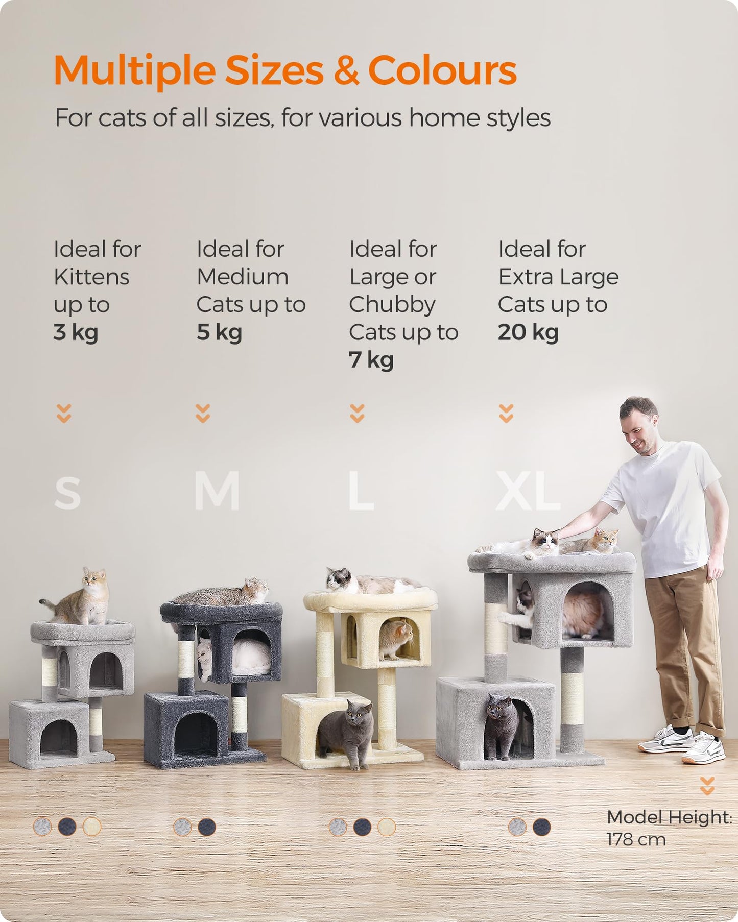 Feandrea Cat Tree, 84 cm Tower, L, Perch Condo for Large Cats up to 7 kg, 2 Caves, Scratching Post, Light Grey PCT61W