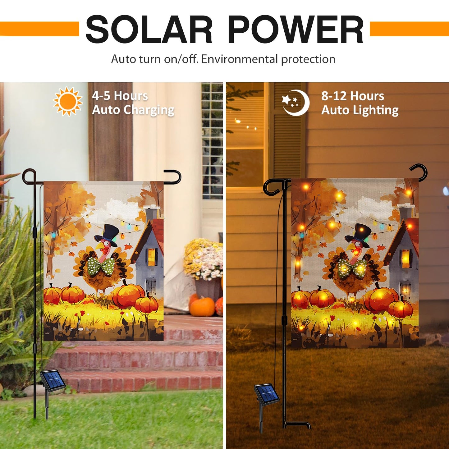Thanksgiving Lighted Fall Garden Flag, Solar Outdoor Decorative Led Flags Yard Decor, 8 Lighting Modes Led Flag,12x18 Double Sided Turkey Pumpkin Halloween Decorations for Home Porch Outside