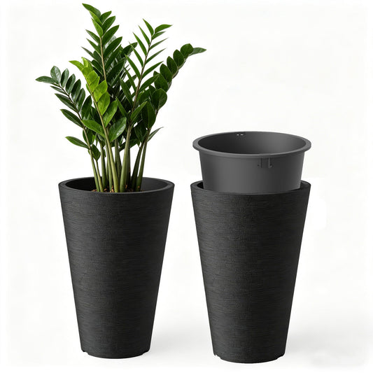 Kante 2 Pack 13 Inch Tall Planters, Modern Minimalist Textured Black Plastic Planter Pots with Drainage Holes, Detachable Inner Pot & Handle, Lightweight Outdoor Indoor Planters for Patio Garden