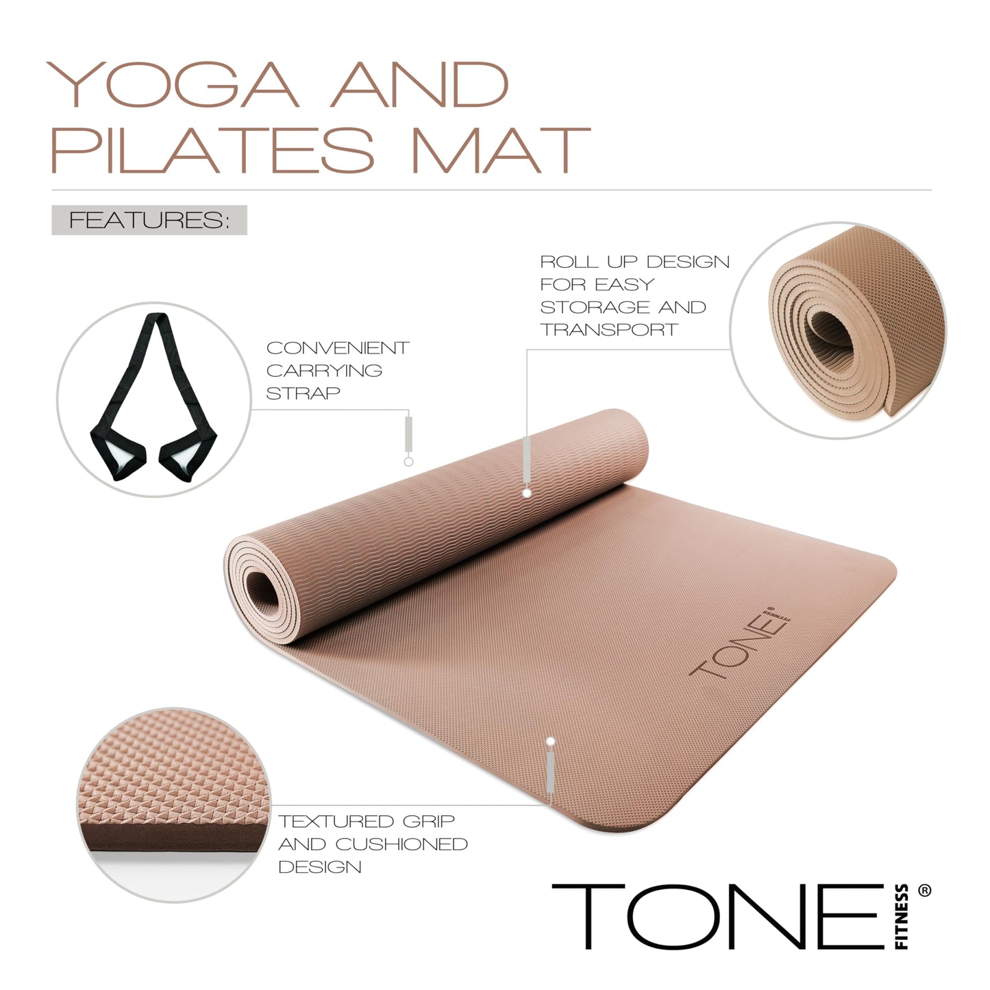 TONE Fitness Yoga Mat 1/4" Thick Non Slip Exercise & Pilates Mat for Home Workouts with Carrying Strap | Pyramid Pattern | Black