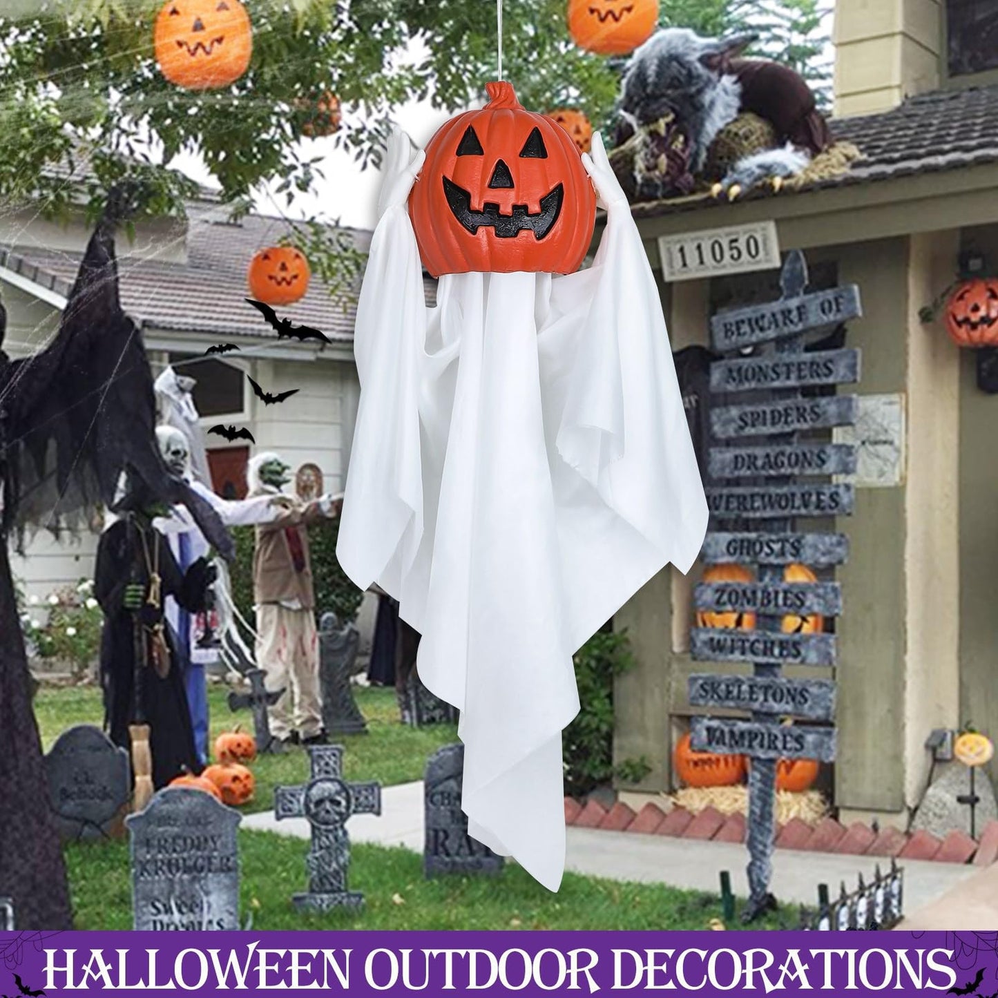 Sound Activated 43” Halloween Animatronics Hanging Ghost Holding Pumpkin, Hide-and-Seek Ghost with Blue Light & Creepy Sound for Halloween Decorations Outdoor, Yard Porch Party Haunted House