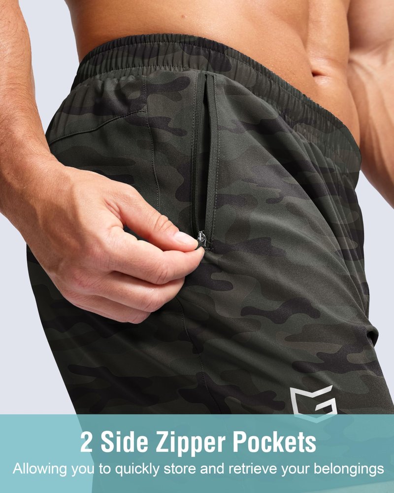 G Gradual Men's Athletic Running Shorts with Zipper Pockets Quick Dry 7"/ 5"/ 9" Workout Gym Shorts for Basketball Hiking(Green Camo,5S)