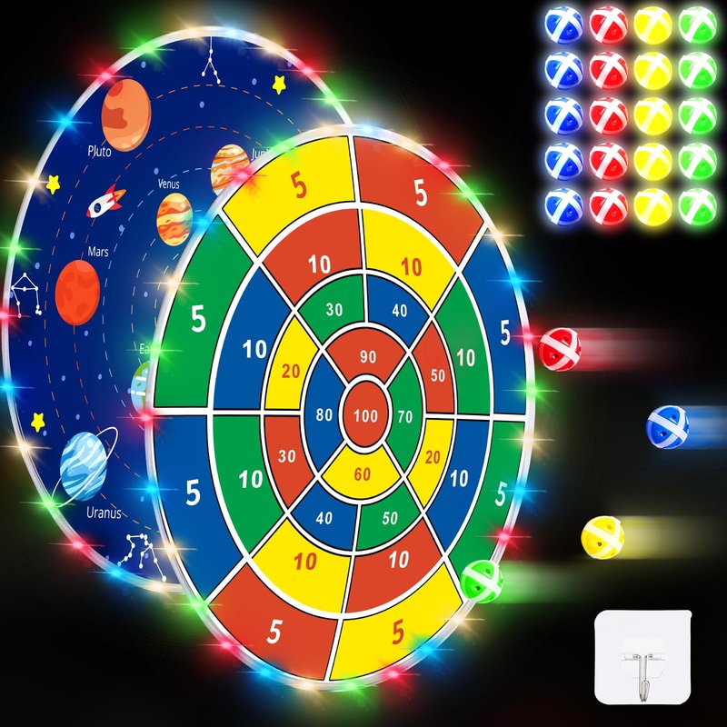 Glimin 36 Inch Large LED Dart Board Double Sided Dartboard with 20 LED Sticky Balls Planet Giant Dartboard Shooting Outdoor Toys Indoor Sport Toys Dartboards Party Game Toy Birthday Gifts