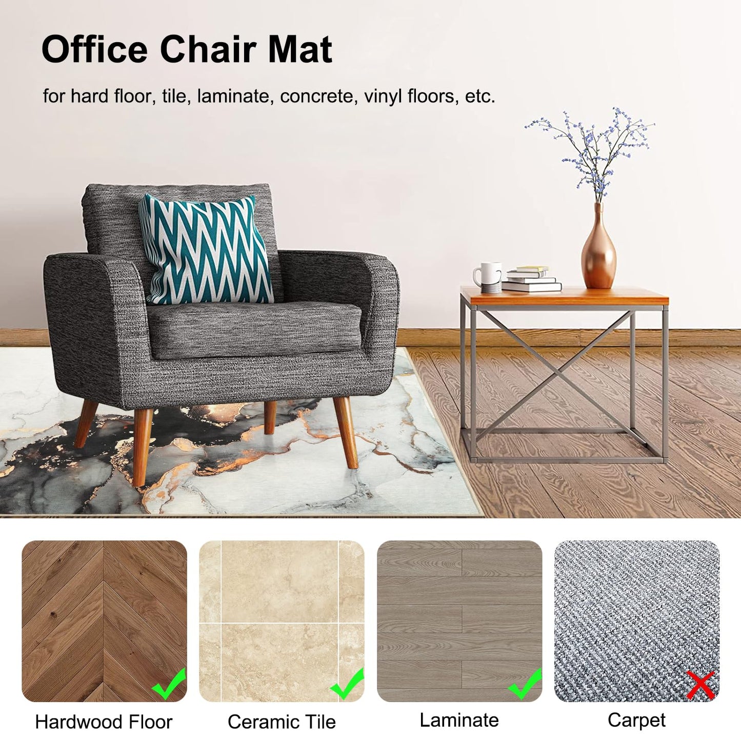 Anidaroel Office Chair Mat for Hardwood/Tile Floor, 48"x60" Desk Chair Mat for Office Gaming, Under Desk Rug for Rolling Chair, Anti-Slip Computer Chair Mats, Low-Pile Carpet Protector Rug