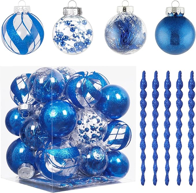 XmasExp 32ct Christmas Ball Ornaments Set -Blue Clear Plastic Shatterproof Xmas Tree Ball Decorations Hanging Baubles for Holiday Decor