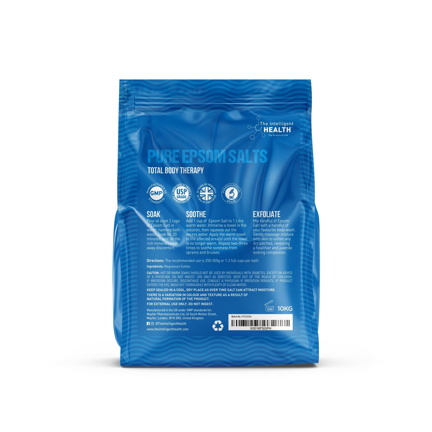 Pure Epsom Salts 10kg, Total Body Therapy, 100% Pure Premium Quality Magnesium Sulphate Traditional Bath Soak, Fine 1.4mm Easily Dissolvable Grain Size, Vegan Friendly by The Intelligent Health