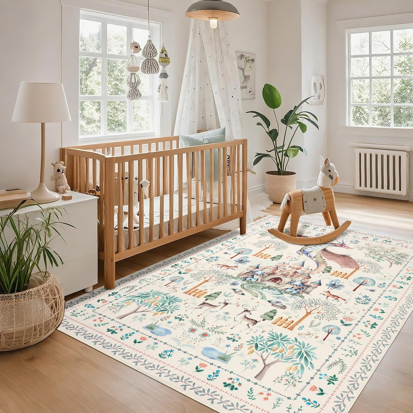 nesrt Washable Area Rugs for Living Room 5x7ft Beige, Soft Dragon Animal Print Bedroom Rugs Non Slip, Botanical Forest Kids Nursey Playroom Floor Carpets for Dining Room Farmhouse Home Office Decor