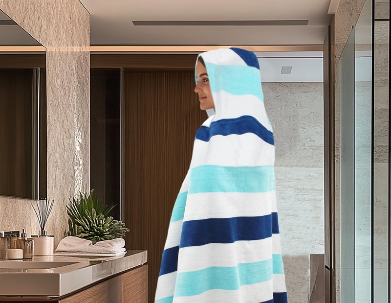 COTTON CRAFT Hooded Beach Towel - Oversized XXL 35x84 Towel with Hood for Adults - The Big Kahuna 7 Foot Beach Blanket Towel - Big & Tall Soft 100% Cotton Velour - Pool Bath Wrap - Cabana Stripe Blue