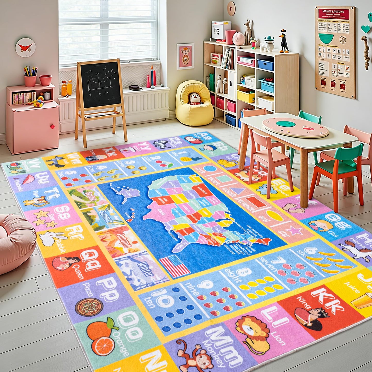 OHDS Kids Rugs for Playroom - Soft & Non-Slip 8x10 Feet Educational Rug for Learning ABC Alphabet, Numbers, Shapes & Map, Washable Classroom Rug for Toddler Nursery & Kids Room Decor