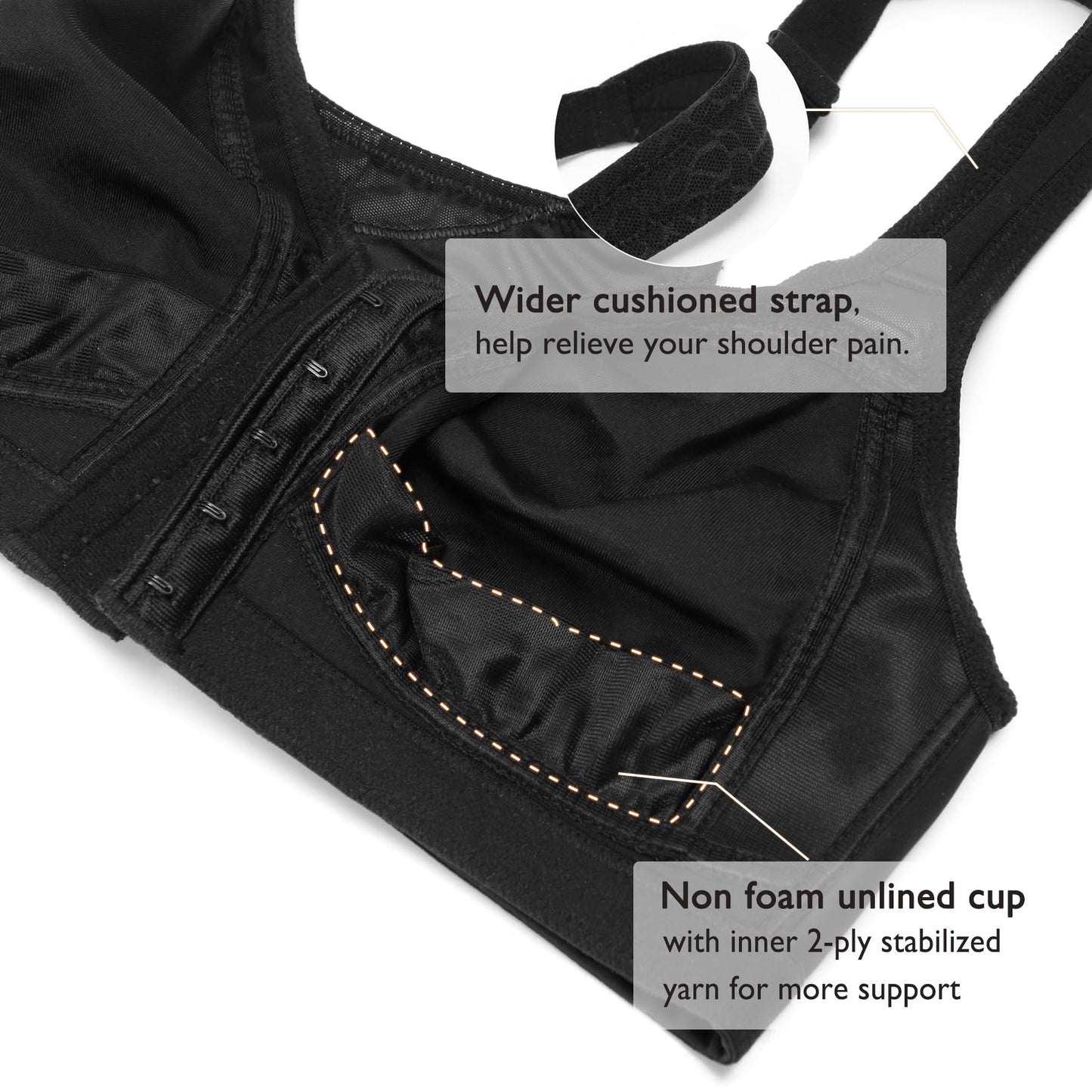 DotVol Women's Full Figure Front Closure Wirefree Jacquard Back Support Posture Bra(Black,44DDD)