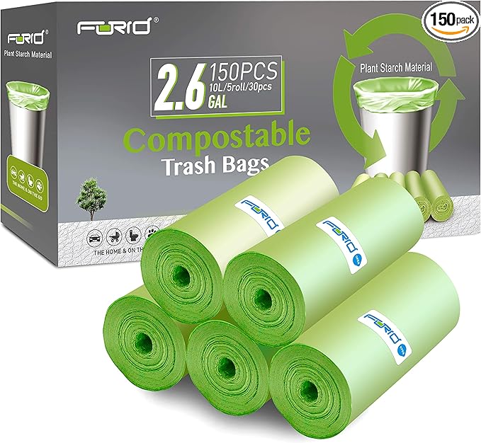 FORID 2.6 Gallon Compostable Garbage Bags, 5 Rolls – Green, Unscented Trash Bags