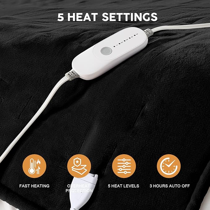HYLEORY Heated Electric Blanket Throw 50"x60" Soft Fleece & Flannel with 5 Heating Levels & 3 Hours Timer Auto Shutt Off, ETL Certified, Washable，Heated Blanket for Body-Black