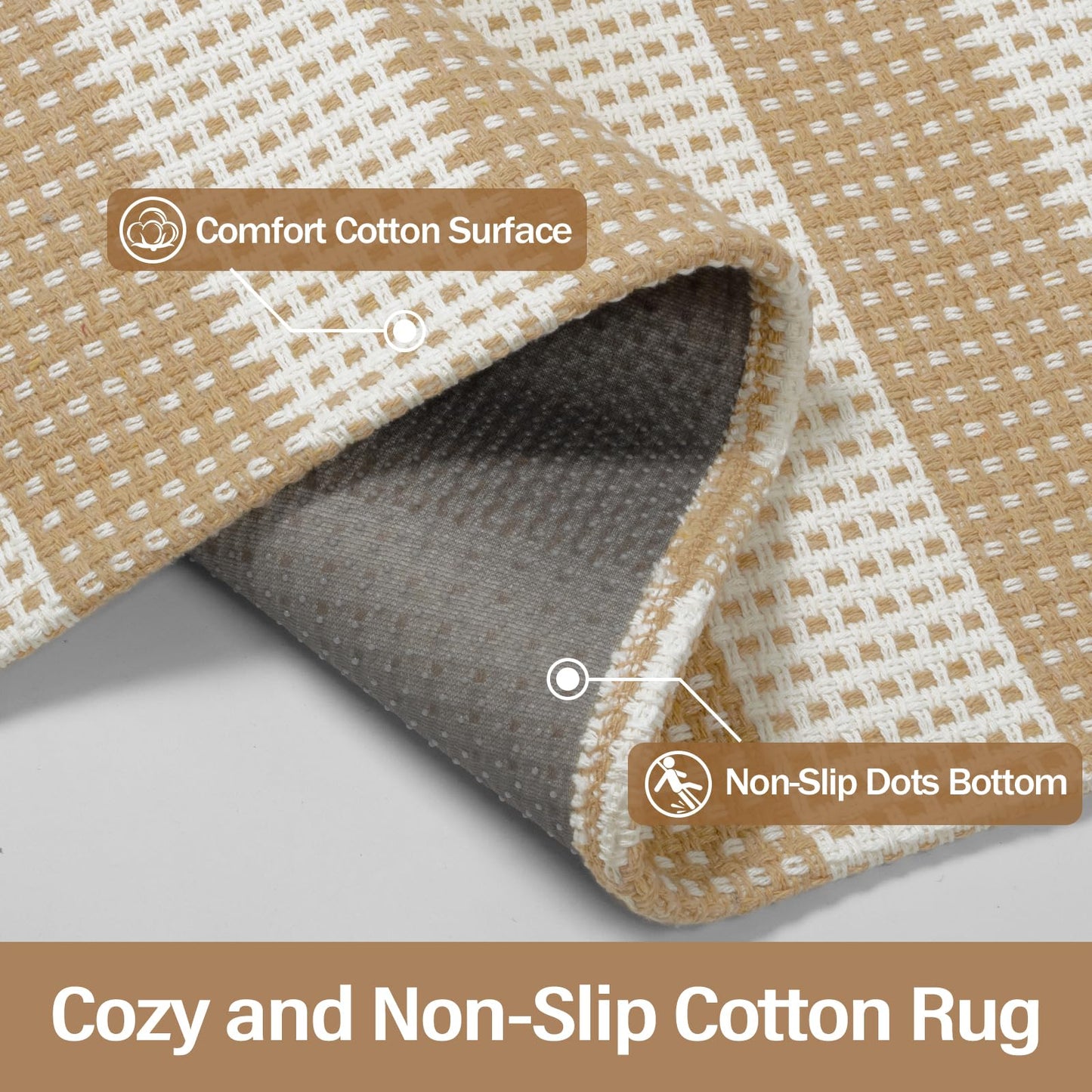 Rugalia Washable Woven Indoor Outdoor Doormat, 2x3 Khaki Cotton Striped Entryway Rug Low Pile Non-Slip Small Kitchen Rug, Modern Farmhouse Throw Carpet for Porch Bathroom Bedroom