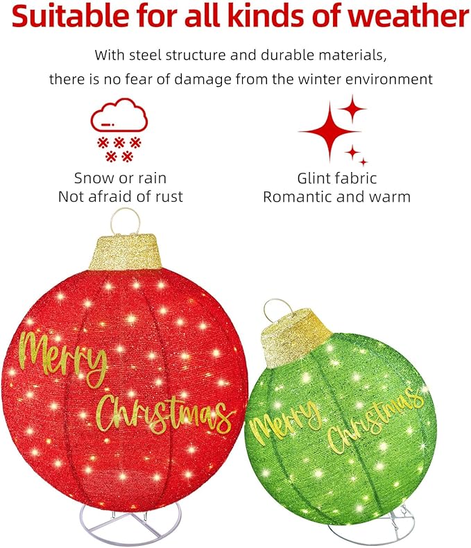 HOYECHI 2pc Lighted Pop-Up Outdoor Christmas Ornament Set – Holiday Ball Decorations with 200 LED Lights, 8 Lighting Modes, for Yard & Outdoor Christmas Decor - Red/Green