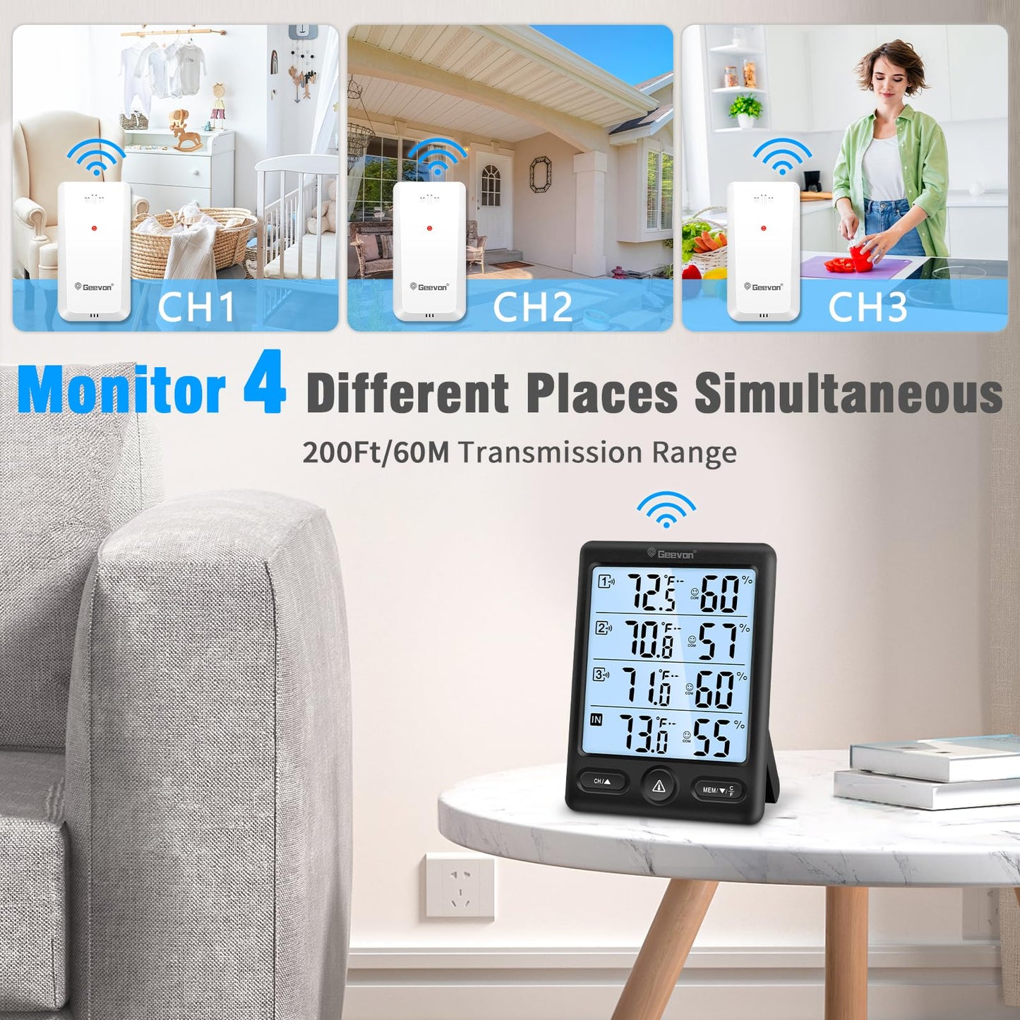 Geevon Indoor Outdoor Thermometer Wireless with 3 Remote Sensors, Digital Hygrometer Thermometer, Wireless Temperature Humidity Monitor Gauge with 200FT/60M Range (Black)