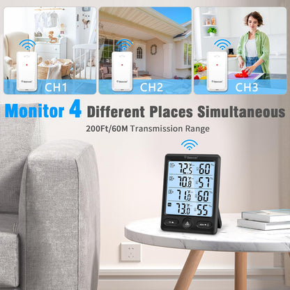 Geevon Indoor Outdoor Thermometer Wireless with 3 Remote Sensors, Digital Hygrometer Thermometer, Wireless Temperature Humidity Monitor Gauge with 200FT/60M Range (Black)