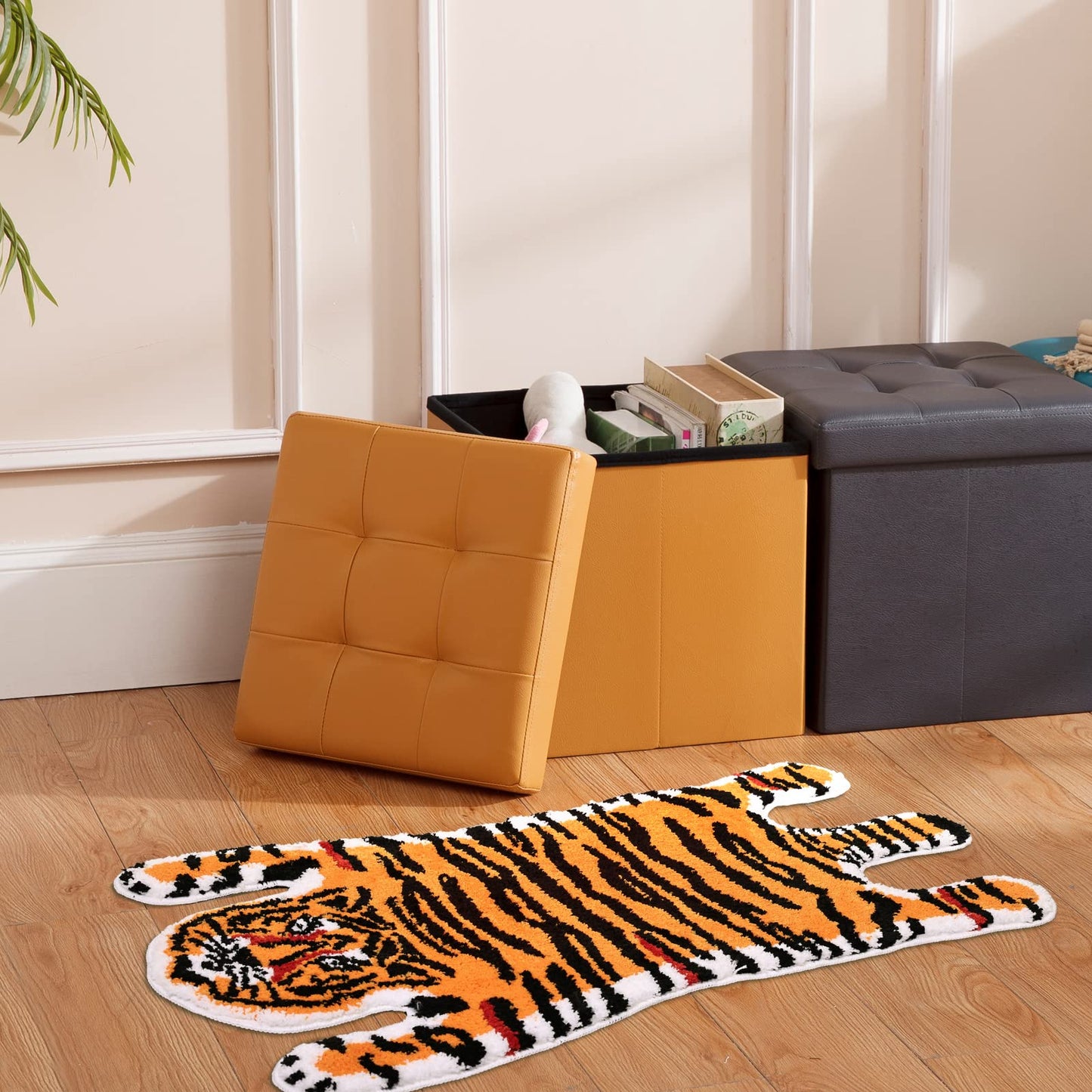 Panstar Tiger Bath Mat for Bathroom, Cute Orange Yellow Tiger Cartoon Non Slip Animal Shaped Absorbent Bathtub Bathroom Plush Shower Rugs