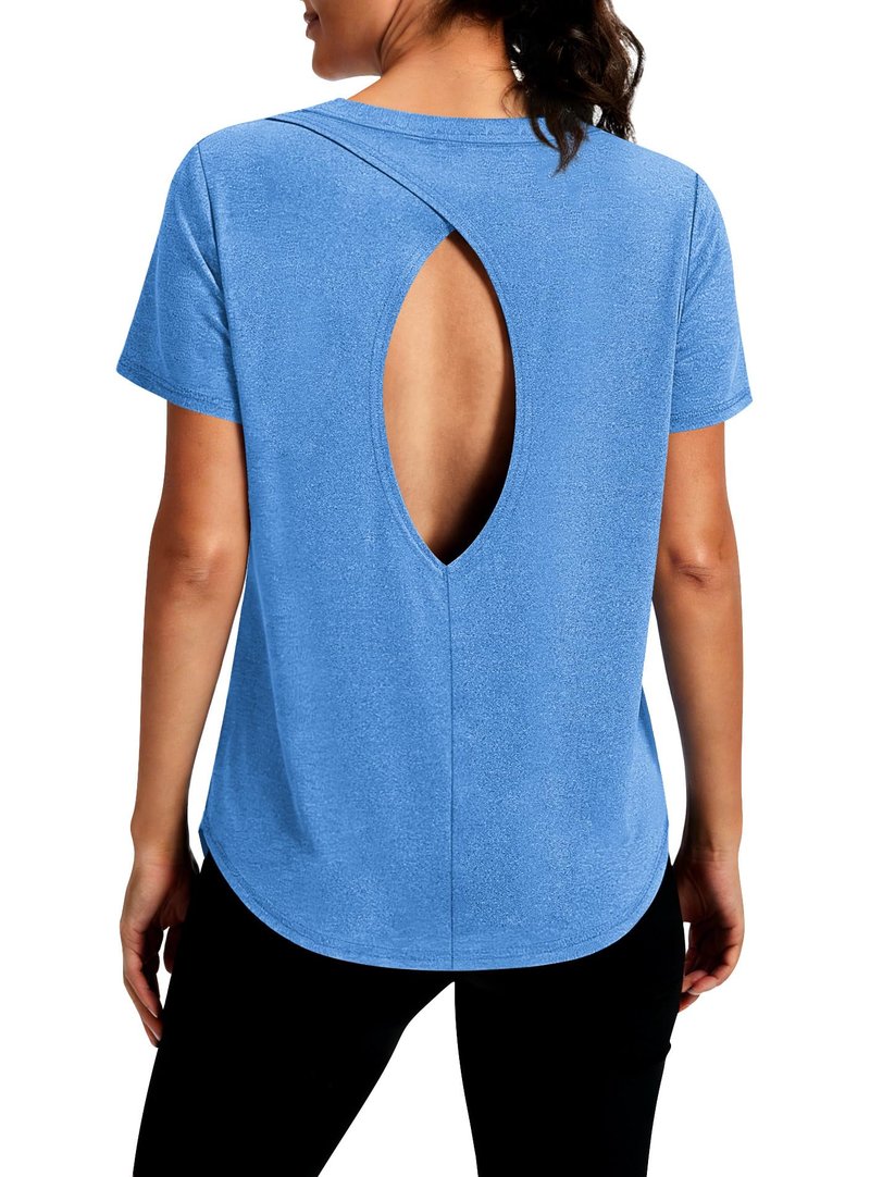 Alaroo Gym Tops for Women Open Back Short Sleeve Workout Shirts Athletic Yoga Pilates Outfits Summer Rash Guard Clothes Azure S
