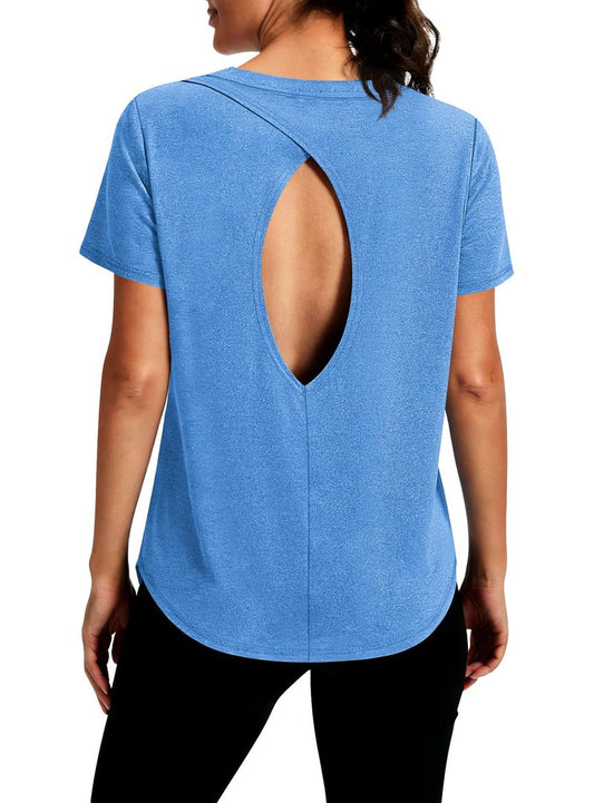 Alaroo Gym Tops for Women Open Back Short Sleeve Workout Shirts Athletic Yoga Pilates Outfits Summer Rash Guard Clothes Azure S