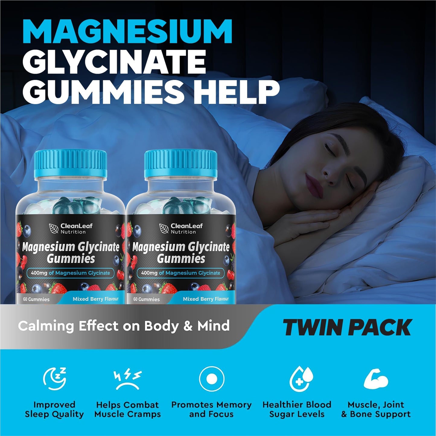 Magnesium Glycinate Twin Pack Gummies - 400mg High Absorption Formula for Sleep, Stress Relief & Muscle Health - Mixed Berry Flavor, Non-GMO, 60-Day Supply for Adults